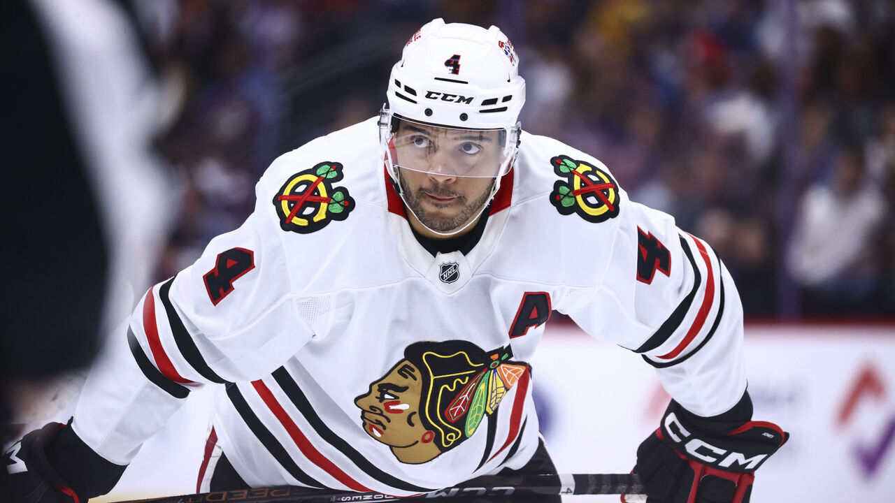 DENVER, COLORADO - OCTOBER 28: Seth Jones #4 of the Chicago Blackhawks looks on before a faceoff against the Colorado Avalanche at Ball Arena on October 28, 2024 in Denver, Colorado.