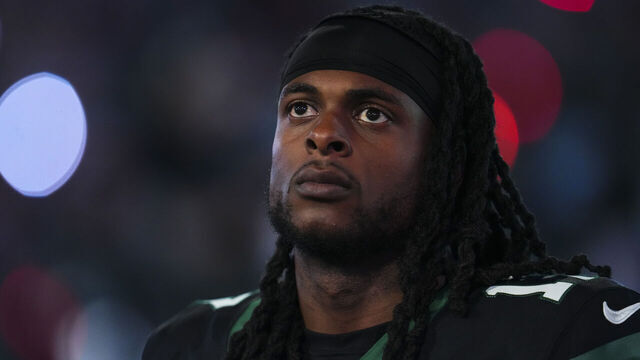 EAST RUTHERFORD, NJ - OCTOBER 31: Davante Adams #17 of the New York Jets looks on from the sideline prior to an NFL football game against the Houston Texans at MetLife Stadium on October 31, 2024 in East Rutherford, New Jersey.