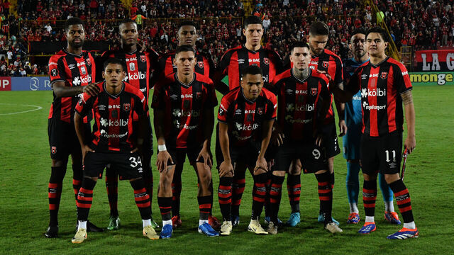 Alajuelense players pose for a team photo ahead of the Concacaf Central American Cup second leg semi-final football match between Costa Rica's Alajuelense and Guatemala's Antigua GFC, at the Alejandro Morera Soto stadium in Alajuela, Costa Rica, on October 30, 2024.