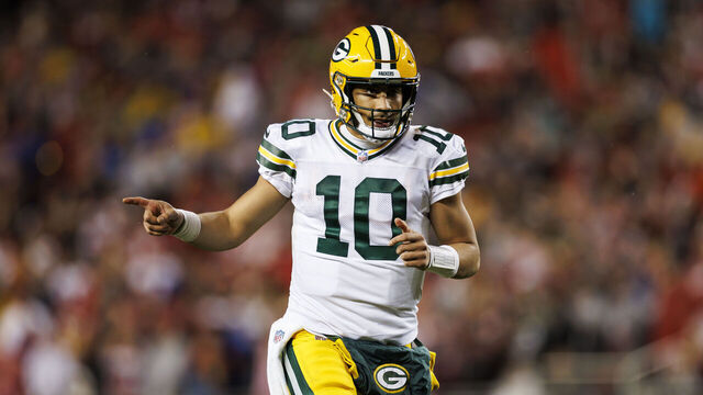 SANTA CLARA, CALIFORNIA - JANUARY 20: Jordan Love #10 of the Green Bay Packers celebrates after scoring a touchdown during an NFC divisional round playoff football game against the San Francisco 49ers at Levi's Stadium on January 20, 2024 in Santa Clara, California.