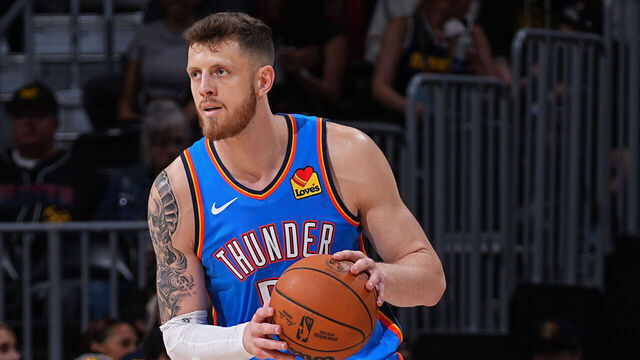 DENVER, CO - OCTOBER 15: Isaiah Hartenstein #55 of the Oklahoma City Thunder dribbles the ball during the game against the Denver Nuggets during a NBA pre season game on October 15, 2024 at Ball Arena in Denver, Colorado. NOTE TO USER: User expressly acknowledges and agrees that, by downloading and/or using this Photograph, user is consenting to the terms and conditions of the Getty Images License Agreement. Mandatory Copyright Notice: Copyright 2024 NBAE