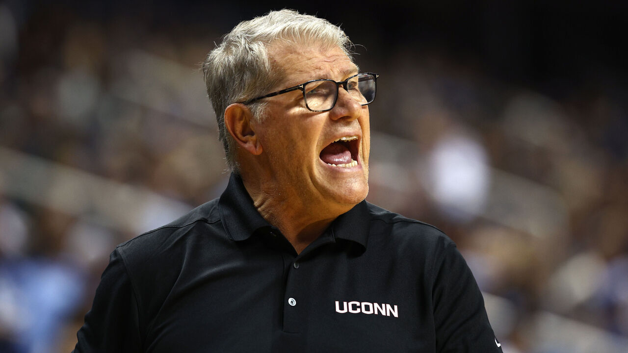 GREENSBORO, NORTH CAROLINA - NOVEMBER 15: Head coach Geno Auriemma of the UConn Huskies reacts during the first half of the game against the North Carolina Tar Heels at First Horizon Coliseum on November 15, 2024 in Greensboro, North Carolina.