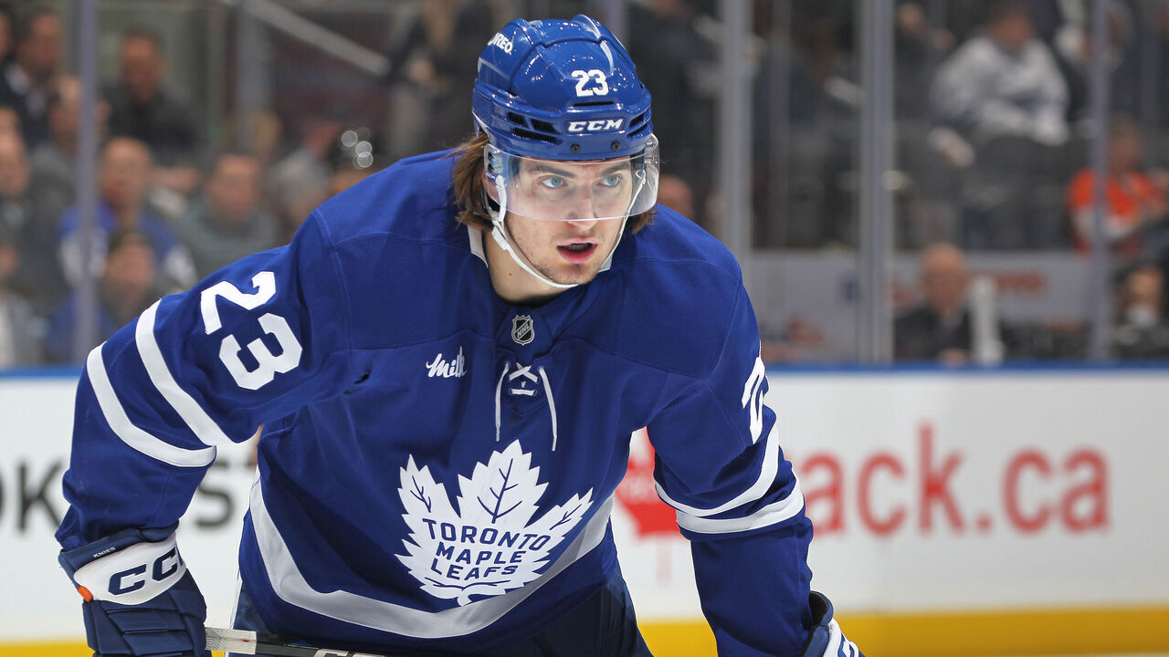 TORONTO, CANADA - NOVEMBER 16: Matthew Knies #23 of the Toronto Maple Leafs waits for play to resume against the Edmonton Oilers during the Second period in an NHL game at Scotiabank Arena on November 16, 2024 in Toronto, Ontario, Canada. The Maple Leafs defeated the Oilers 4-3 in overtime.