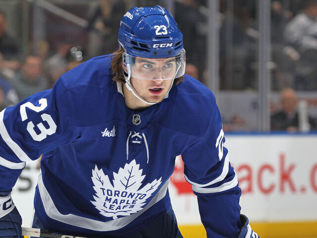TORONTO, CANADA - NOVEMBER 16: Matthew Knies #23 of the Toronto Maple Leafs waits for play to resume against the Edmonton Oilers during the Second period in an NHL game at Scotiabank Arena on November 16, 2024 in Toronto, Ontario, Canada. The Maple Leafs defeated the Oilers 4-3 in overtime.