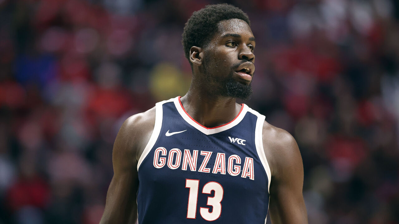 SAN DIEGO, CALIFORNIA - NOVEMBER 18: Graham Ike #13 of the Gonzaga Bulldogs looks on during the second half of a game against the San Diego State Aztecs at Viejas Arena at San Diego State University on November 18, 2024 in San Diego, California.