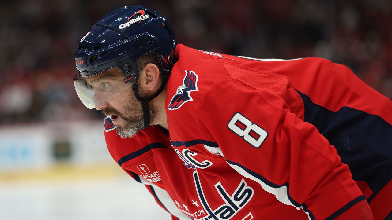 WASHINGTON, DC - NOVEMBER 08: Alex Ovechkin #8 of the Washington Capitals looks on against the Pittsburgh Penguins during the second period at Capital One Arena on November 08, 2024 in Washington, DC.