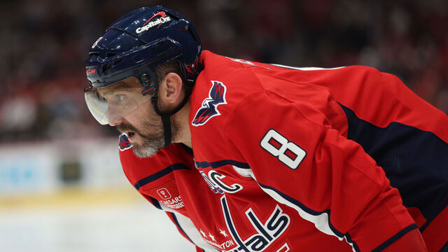 WASHINGTON, DC - NOVEMBER 08: Alex Ovechkin #8 of the Washington Capitals looks on against the Pittsburgh Penguins during the second period at Capital One Arena on November 08, 2024 in Washington, DC.