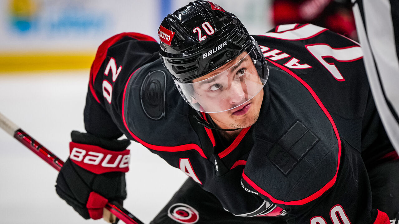 RALEIGH, NORTH CAROLINA - NOVEMBER 03: Sebastian Aho #20 of the Carolina Hurricanes prepares for a face off during the second period against the Washington Capitals at Lenovo Center on November 3, 2024 in Raleigh, North Carolina.