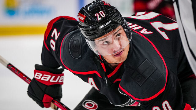 RALEIGH, NORTH CAROLINA - NOVEMBER 03: Sebastian Aho #20 of the Carolina Hurricanes prepares for a face off during the second period against the Washington Capitals at Lenovo Center on November 3, 2024 in Raleigh, North Carolina.