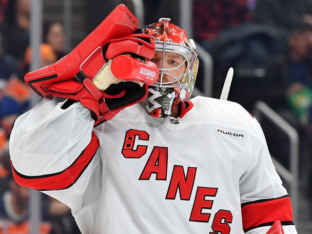 EDMONTON, CANADA - OCTOBER 22: Frederik Andersen #31 of the Carolina Hurricanes takes a drink during a stoppage in play in the second period of the game against the Edmonton Oilers at Rogers Place on October 22, 2024, in Edmonton, Alberta, Canada.