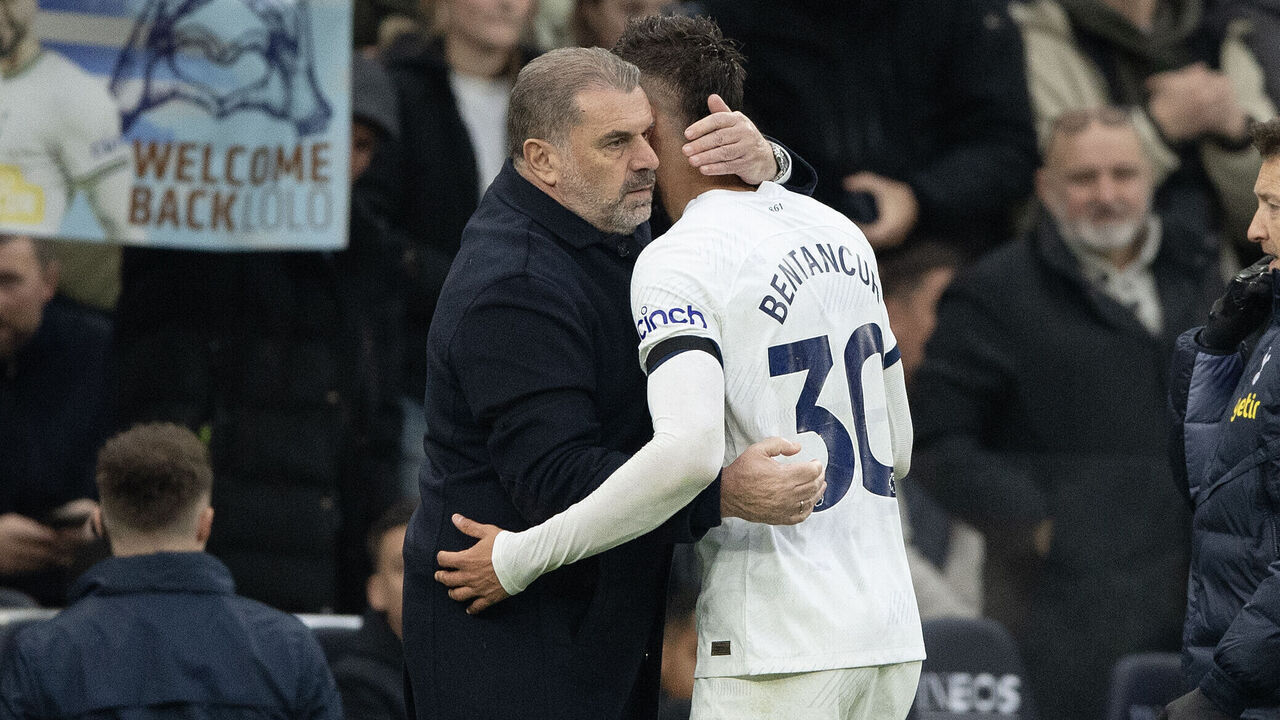 LONDON, ENGLAND - NOVEMBER 26: Rodrigo Bentancur of Tottenham Hotspur walks from the pitch to the waiting Tottenham manager Ange Postecoglou after picking up an injury during the Premier League match between Tottenham Hotspur and Aston Villa at Tottenham Hotspur Stadium on November 26, 2023 in London, England.