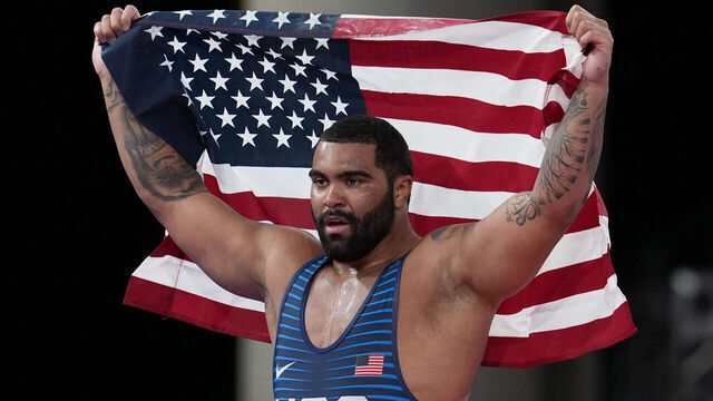 CHIBA, JAPAN AUGUST 6, 2021: Gold medalist USA's Gable Dan Steveson celebrates the golden medal after the men's freestyle 125kg wrestling competition during the Tokyo 2020 Olympic Games at the Makuhari Messe in Tokyo on August 6, 2021. (