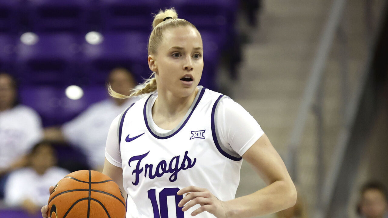 FORT WORTH, TX - NOVEMBER 5: Hailey Van Lith #10 of the TCU Horned Frogs handles the ball against the Houston Christian Huskies in the first half at Schollmaier Arena on November 5, 2024 in Fort Worth, Texas.