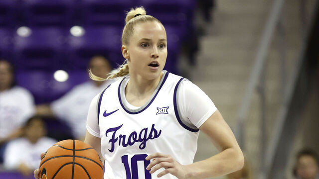 FORT WORTH, TX - NOVEMBER 5: Hailey Van Lith #10 of the TCU Horned Frogs handles the ball against the Houston Christian Huskies in the first half at Schollmaier Arena on November 5, 2024 in Fort Worth, Texas.