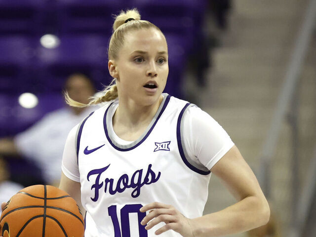 FORT WORTH, TX - NOVEMBER 5: Hailey Van Lith #10 of the TCU Horned Frogs handles the ball against the Houston Christian Huskies in the first half at Schollmaier Arena on November 5, 2024 in Fort Worth, Texas.