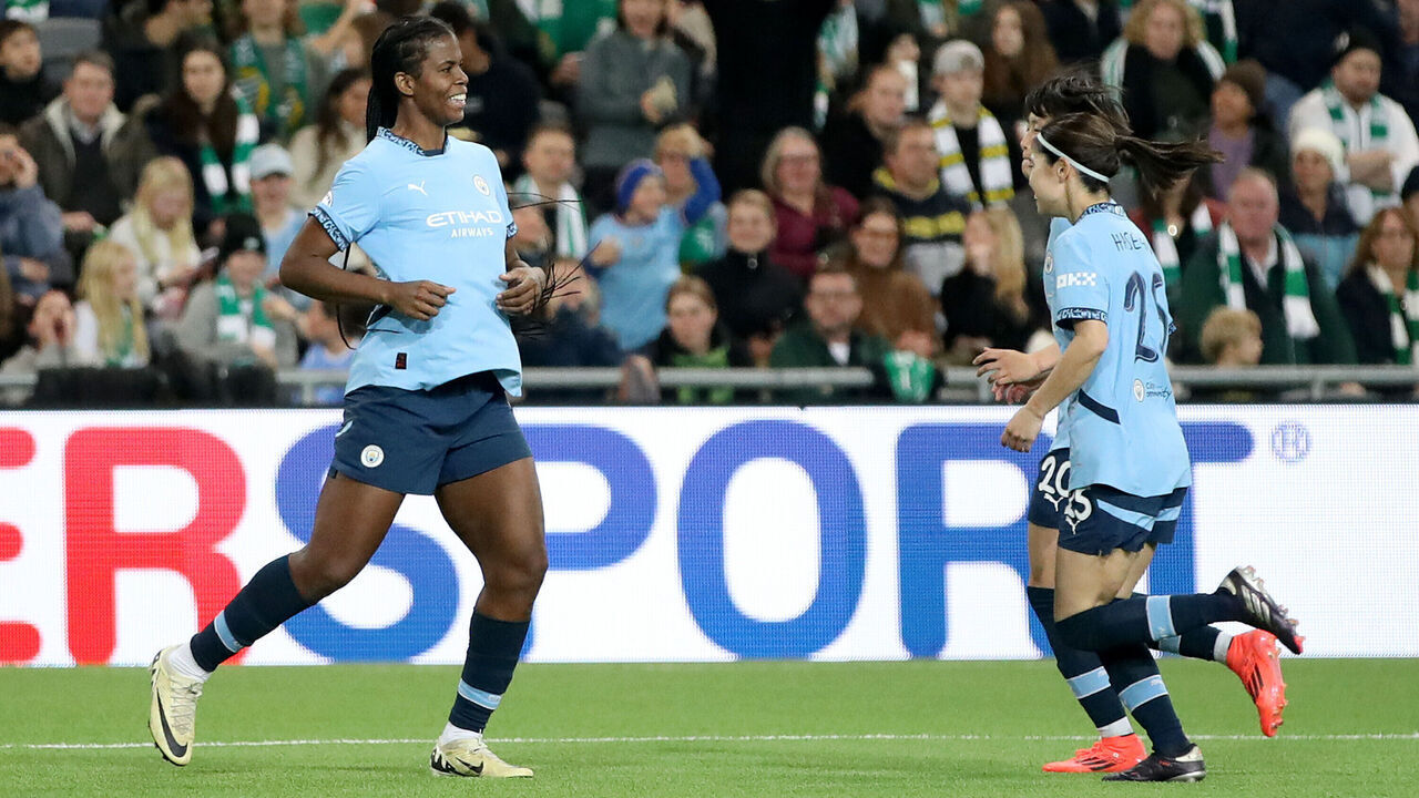 STOCKHOLM, SWEDEN - NOVEMBER 21: Khadija Shaw of Manchester City celebrates scoring her team's second goal during the UEFA Women's Champions League match between Hammarby IF and Manchester City at Stockholm Arena on November 21, 2024 in Stockholm, Sweden.