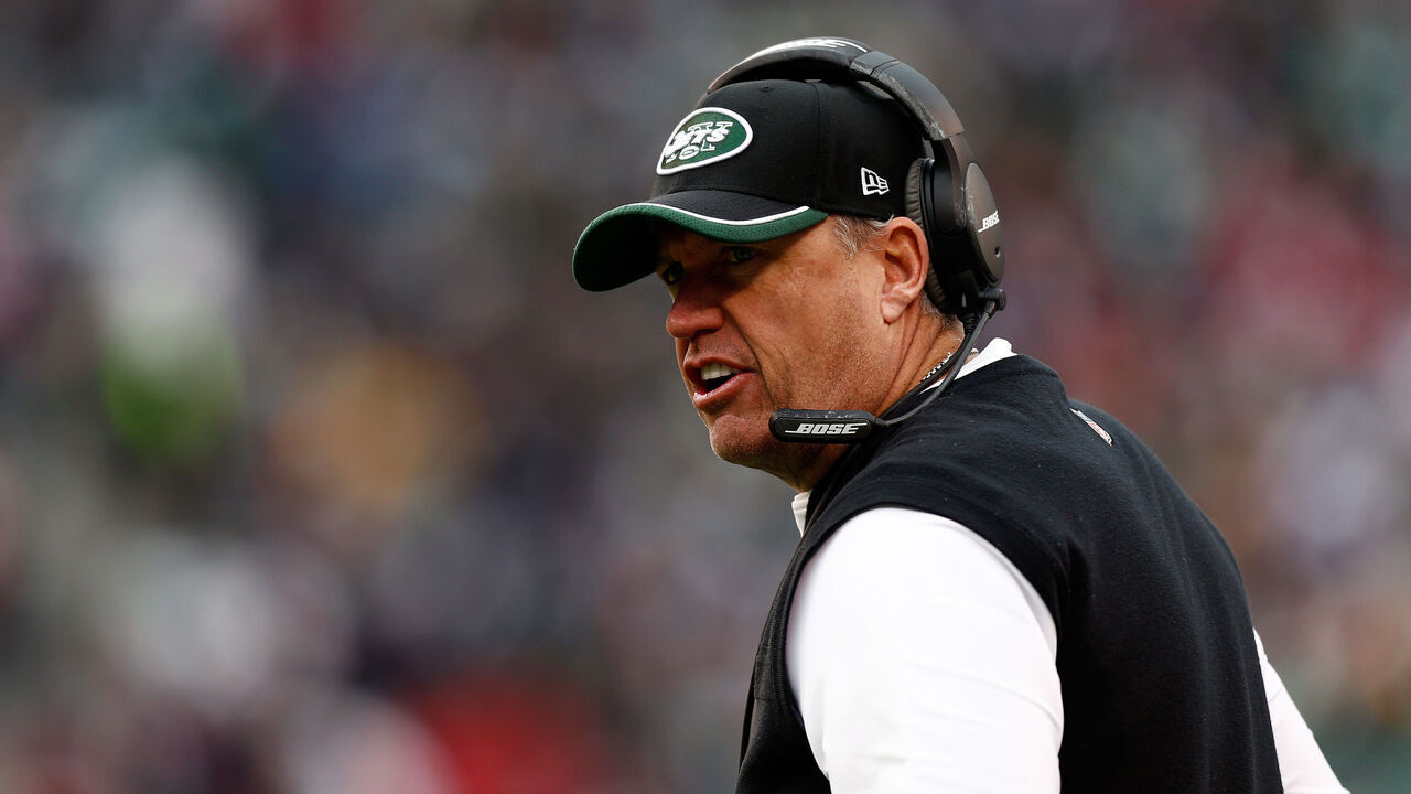 EAST RUTHERFORD, NJ - DECEMBER 21: Head coach Rex Ryan of the New York Jets looks on against the New England Patriots during a game at MetLife Stadium on December 21, 2014 in East Rutherford, New Jersey.