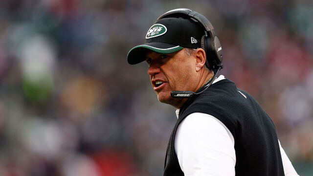 EAST RUTHERFORD, NJ - DECEMBER 21: Head coach Rex Ryan of the New York Jets looks on against the New England Patriots during a game at MetLife Stadium on December 21, 2014 in East Rutherford, New Jersey.