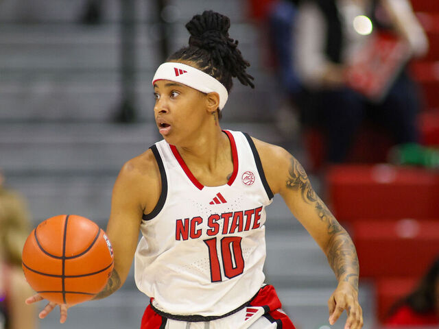 RALEIGH, NC - NOVEMBER 14: NC State Wolfpack guard Aziaha James (10) brings the ball up court during the college basketball game between the NC State Wolfpack and the Kent State Golden Flashes on November 14, 2024 at Reynolds Coliseum in Raleigh, NC.