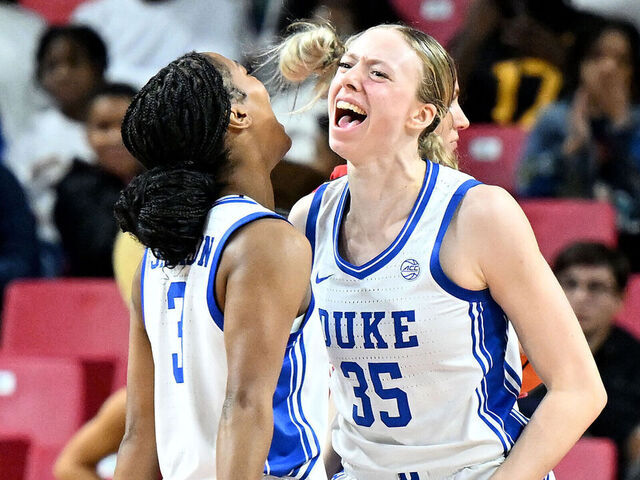 COLLEGE PARK, MARYLAND - NOVEMBER 10: Toby Fournier #35 of the Duke Blue Devils celebrates with teammates during the game against the Maryland Terrapins at Xfinity Center on November 10, 2024 in College Park, Maryland.