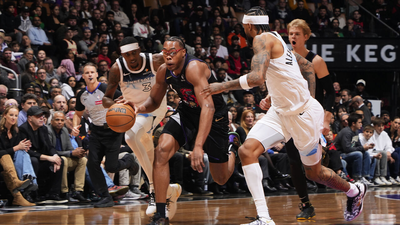 TORONTO, CANADA - NOVEMBER 21: Scottie Barnes #4 of the Toronto Raptors dribbles the ball during the game against the Minnesota Timberwolves on November 21, 2024 at the Scotiabank Arena in Toronto, Ontario, Canada. Mandatory Copyright Notice: Copyright 2024 NBAE