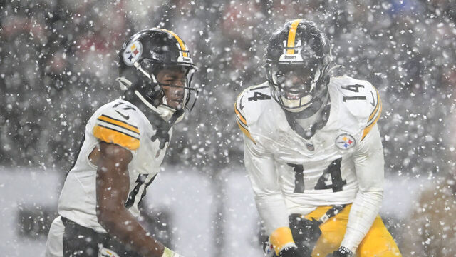 CLEVELAND, OHIO - NOVEMBER 21: Calvin Austin III #19 of the Pittsburgh Steelers celebrates with teammate George Pickens #14 after scoring a 23 yard touchdown against the Cleveland Browns during the fourth quarter in the game at Huntington Bank Field on November 21, 2024 in Cleveland, Ohio.