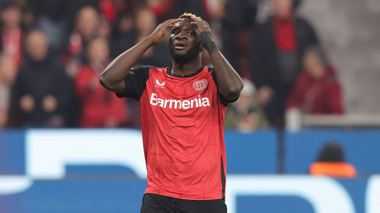 LEVERKUSEN, GERMANY - NOVEMBER 1: Victor Boniface of Bayer 04 Leverkusen looks dejected during the Bundesliga match between Bayer 04 Leverkusen and VfB Stuttgart at BayArena on November 1, 2024 in Leverkusen, Germany.