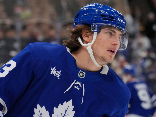 TORONTO, CANADA - OCTOBER 24: Matthew Knies #23 of the Toronto Maple Leafs skates against the St. Louis Blues at Scotiabank Arena on October 24, 2024 in Toronto, Ontario, Canada.