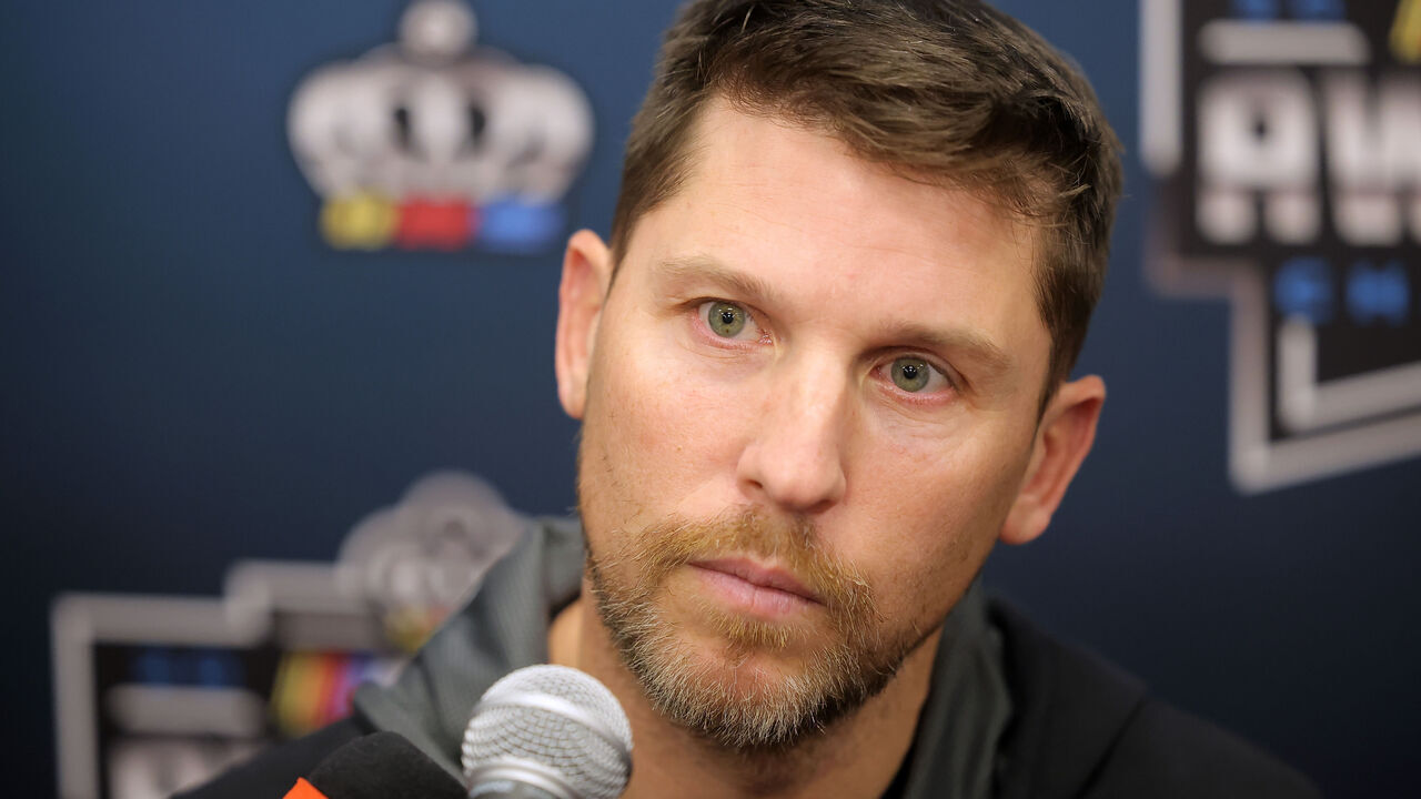 CHARLOTTE, NORTH CAROLINA - NOVEMBER 22: Denny Hamlin speaks with the media prior to the NASCAR Awards and Champion Celebration at Charlotte Convention Center on November 22, 2024 in Charlotte, North Carolina.