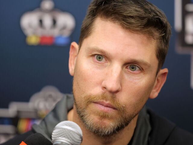CHARLOTTE, NORTH CAROLINA - NOVEMBER 22: Denny Hamlin speaks with the media prior to the NASCAR Awards and Champion Celebration at Charlotte Convention Center on November 22, 2024 in Charlotte, North Carolina.
