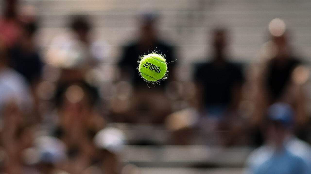 WASHINGTON, DC - JULY 30: A general view of the tennis ball with the Mubadala DC Open logo during the match between Sebastian Korda and Cristin Garin on day 4 of the Mubadala Citi DC Open 2024 at William H.G. FitzGerald Tennis Center on July 30, 2024 in Washington, DC.