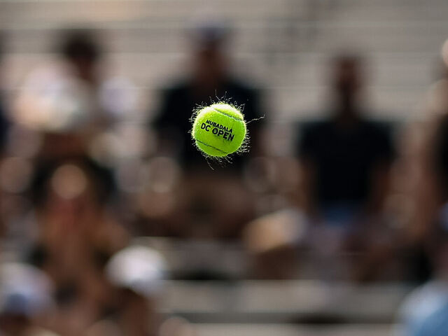 WASHINGTON, DC - JULY 30: A general view of the tennis ball with the Mubadala DC Open logo during the match between Sebastian Korda and Cristin Garin on day 4 of the Mubadala Citi DC Open 2024 at William H.G. FitzGerald Tennis Center on July 30, 2024 in Washington, DC.