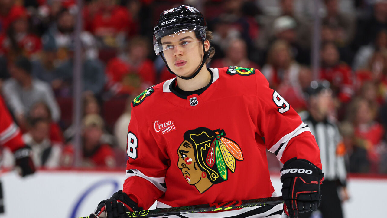 CHICAGO, IL - NOVEMBER 21: Connor Bedard #98 of the Chicago Blackhawks looks on during the second period against the Florida Panthers on November, 21, 2024 at the United Center in Chicago, Illinois.