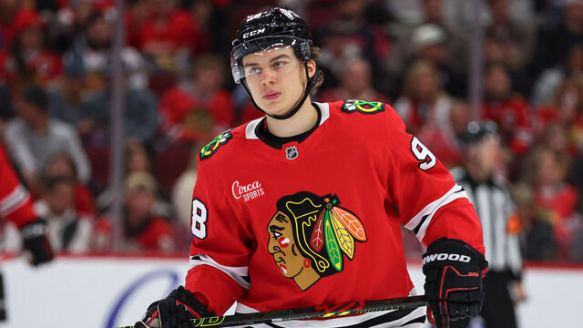 CHICAGO, IL - NOVEMBER 21: Connor Bedard #98 of the Chicago Blackhawks looks on during the second period against the Florida Panthers on November, 21, 2024 at the United Center in Chicago, Illinois.
