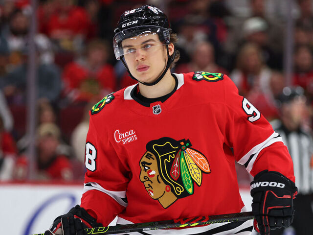 CHICAGO, IL - NOVEMBER 21: Connor Bedard #98 of the Chicago Blackhawks looks on during the second period against the Florida Panthers on November, 21, 2024 at the United Center in Chicago, Illinois.