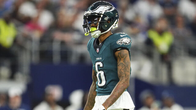 ARLINGTON, TX - NOVEMBER 10: DeVonta Smith #6 of the Philadelphia Eagles looks on from the field during an NFL football game against the Dallas Cowboys at AT&T Stadium on November 10, 2024 in Arlington, Texas.