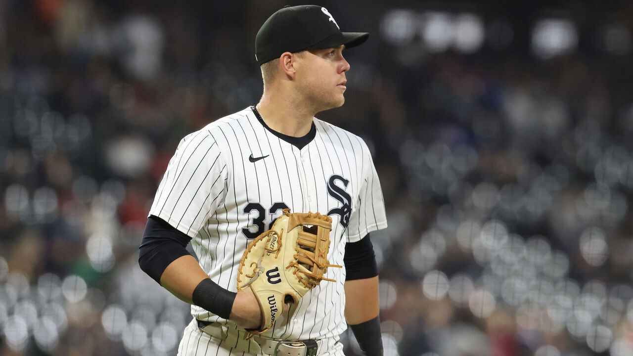 CHICAGO, ILLINOIS - SEPTEMBER 24: Gavin Sheets #32 of the Chicago White Sox looks on against the Los Angeles Angels at Guaranteed Rate Field on September 24, 2024 in Chicago, Illinois.