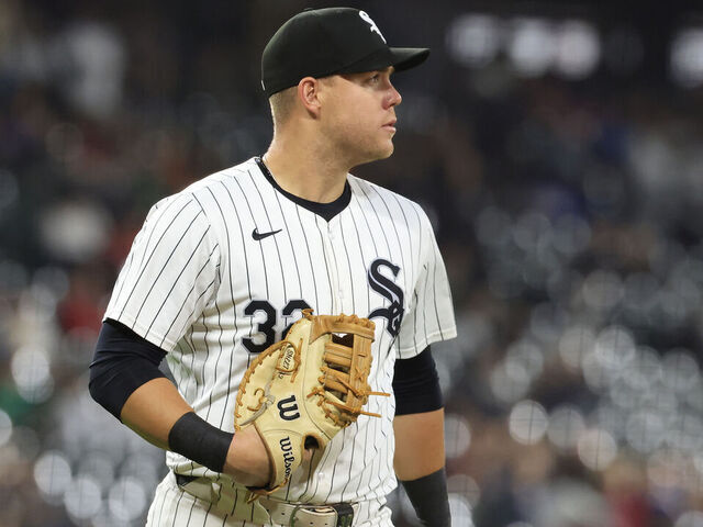 CHICAGO, ILLINOIS - SEPTEMBER 24: Gavin Sheets #32 of the Chicago White Sox looks on against the Los Angeles Angels at Guaranteed Rate Field on September 24, 2024 in Chicago, Illinois.