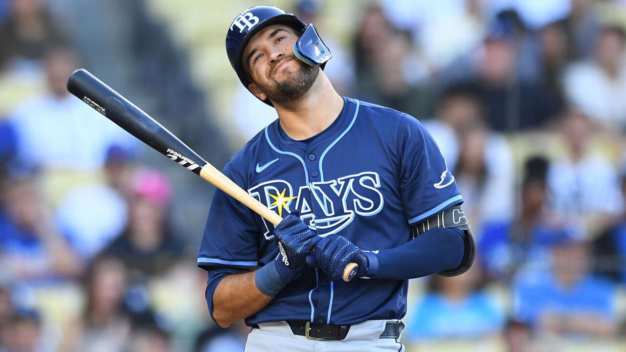 LOS ANGELES, CA - AUGUST 24: Tampa Bay Rays left fielder Dylan Carlson (10) reacts to a strike call during the MLB game between the Tampa Bay Rays and the Los Angeles Dodgers on August 24, 2024 at Dodger Stadium in Los Angeles, CA.