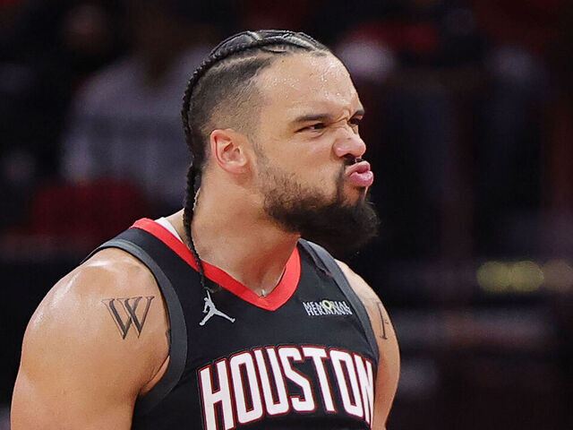 HOUSTON, TEXAS - NOVEMBER 22: Dillon Brooks #9 of the Houston Rockets celebrates a three-point basket against the Portland Trail Blazers during the second half in the NBA Emirates Cup at Toyota Center on November 22, 2024 in Houston, Texas.