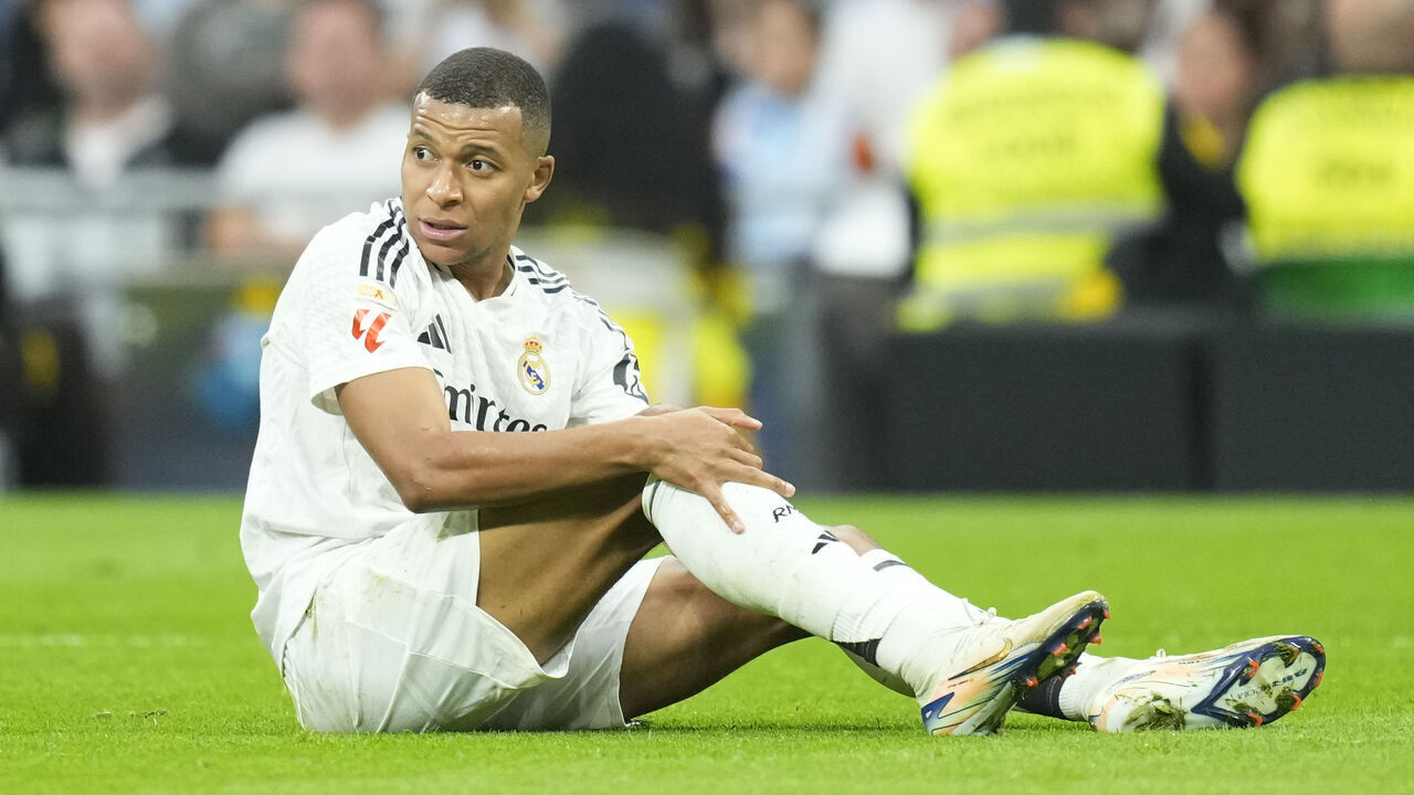 Kylian Mbappe centre-forward of Real Madrid and France reacts during the La Liga match between Real Madrid CF and CA Osasuna at Estadio Santiago Bernabeu on November 10, 2024 in Madrid, Spain.