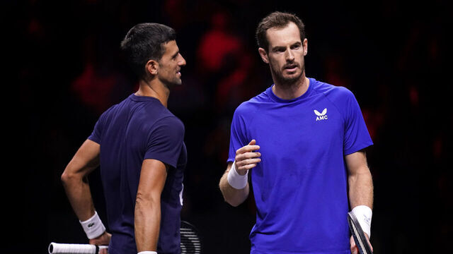 Team Europe's Novak Djokovic and Andy Murray during a training session ahead of the Laver Cup at the O2 Arena, London. Picture date: Thursday September 22, 2022.