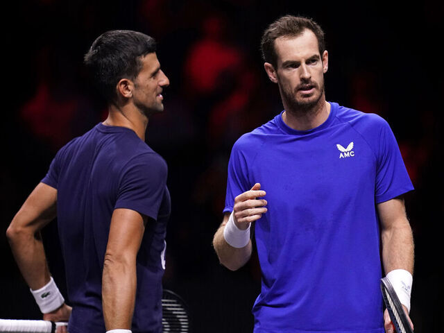 Team Europe's Novak Djokovic and Andy Murray during a training session ahead of the Laver Cup at the O2 Arena, London. Picture date: Thursday September 22, 2022.