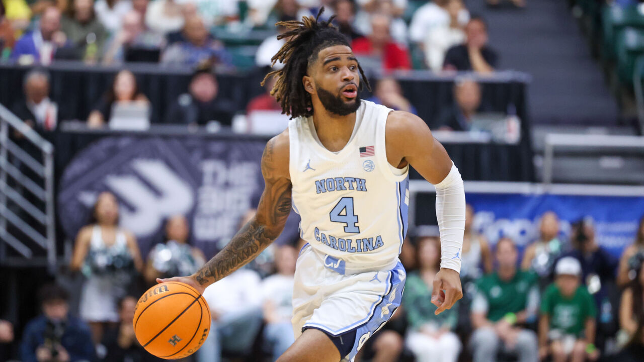HONOLULU, HAWAII - NOVEMBER 22: RJ Davis #4 of the North Carolina Tar Heels dribbles the ball during the first half of the game against the Hawaii Rainbow Warriors at SimpliFi Arena at the Stan Sheriff Center on November 22, 2024 in Honolulu, Hawaii.