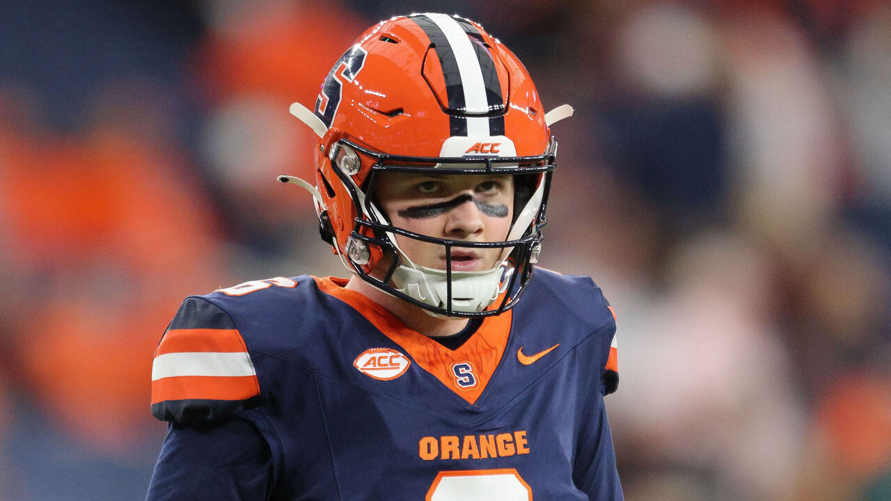 SYRACUSE, NEW YORK - NOVEMBER 02: Kyle McCord #6 of the Syracuse Orange looks on prior to a game against the Virginia Tech Hokies at JMA Wireless Dome on November 02, 2024 in Syracuse, New York.