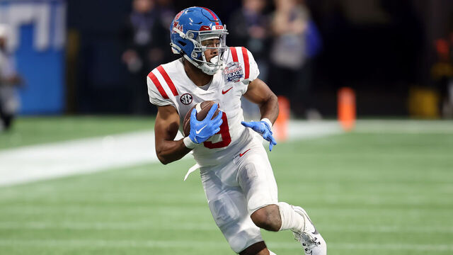 ATLANTA, GA - DECEMBER 30: Ole Miss Rebels wide receiver Tre Harris (9) during the Chick-fil-A Peach Bowl between the Penn State Nittany Lions and the Mississippi Rebels on December 30, 2023 at Mercedes-Benz Stadium in Atlanta, Georgia.