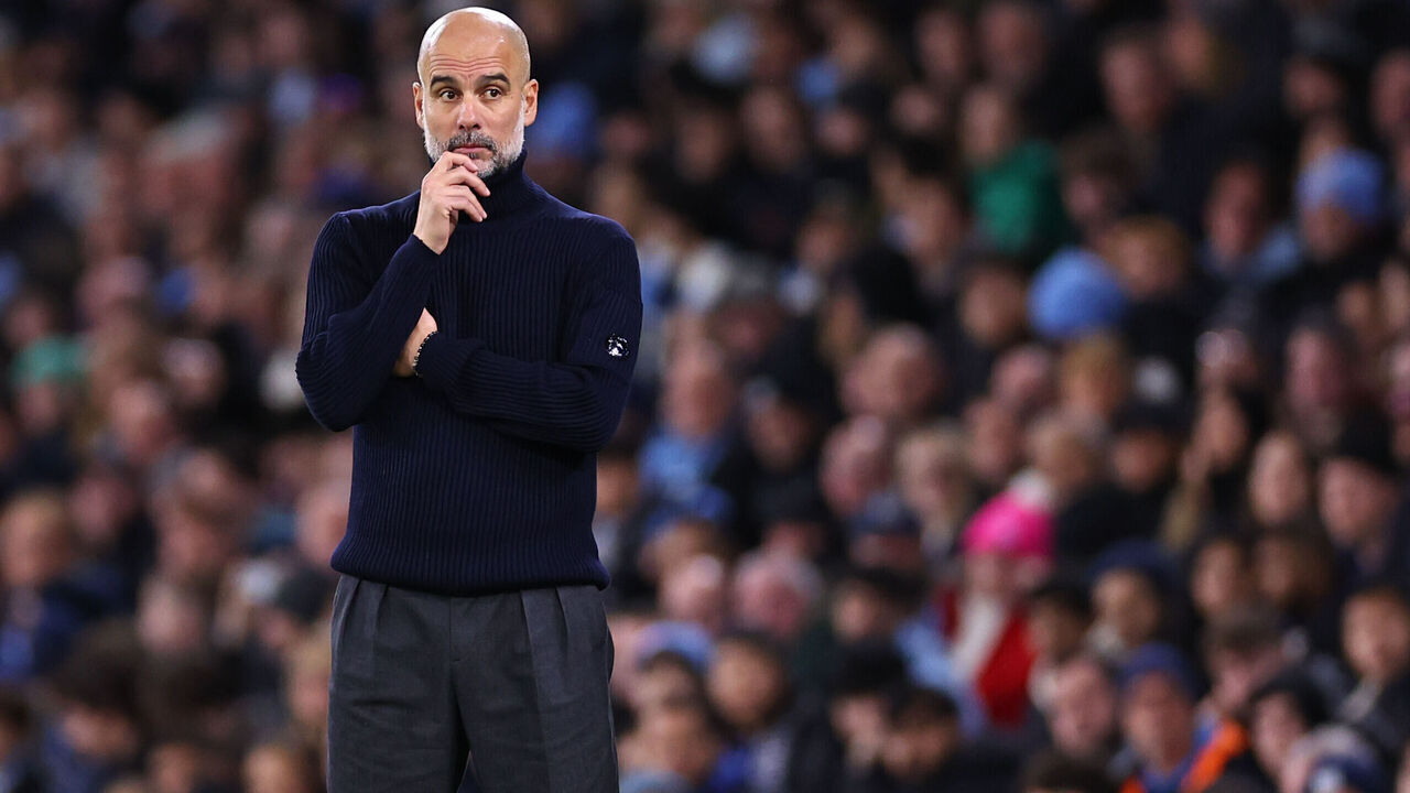 MANCHESTER, ENGLAND - NOVEMBER 23: Pep Guardiola manager of Manchester City looks on during the Premier League match between Manchester City FC and Tottenham Hotspur FC at Etihad Stadium on November 23, 2024 in Manchester, England.