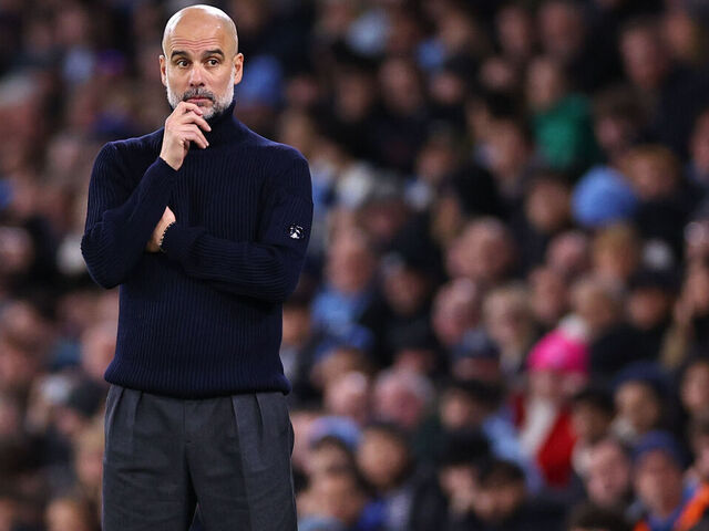 MANCHESTER, ENGLAND - NOVEMBER 23: Pep Guardiola manager of Manchester City looks on during the Premier League match between Manchester City FC and Tottenham Hotspur FC at Etihad Stadium on November 23, 2024 in Manchester, England.