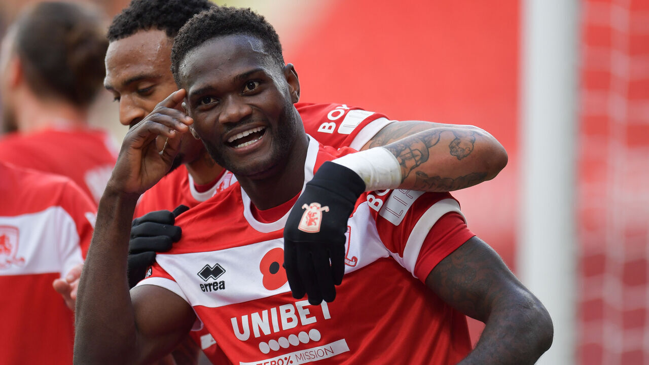 Emmanuel Latte Lath of Middlesbrough celebrates putting Middlesbrough 2-0 up during the Sky Bet Championship match between Middlesbrough and Luton Town at the Riverside Stadium in Middlesbrough, England, on November 9, 2024.