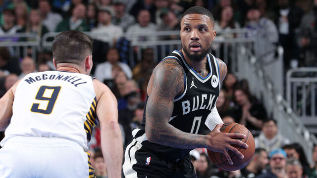 MILWAUKEE, WI - NOVEMBER 22: Damian Lillard #0 of the Milwaukee Bucks dribbles the ball during the game against the Indiana Pacers during a Emirates NBA Cup on November 22, 2024 at Fiserv Forum Center in Milwaukee, Wisconsin. Mandatory Copyright Notice: Copyright 2024 NBAE .